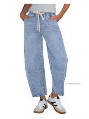 High Rise Pull On Barrel Jeans Crop Elastic Waist Denim Pants
